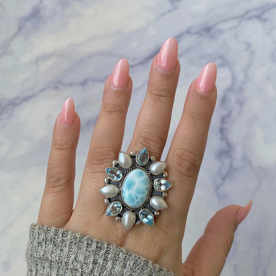 Larimar, Pearl And Blue Topaz Flower Statement Adjustable Ring-(LAR-FLR-2.)